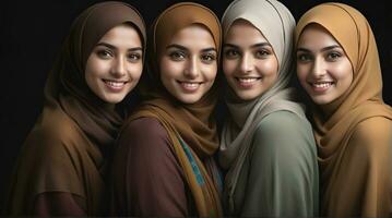 ai gerado lindo grupo do muçulmanos mulheres sorridente e rindo vestindo uma hijab e decorado xaile foto