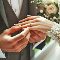 ai gerado nupcial anel colocada em a dedo do a noivo foto