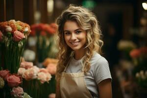 ai gerado retrato do uma feliz mulher em pé dentro dela flor fazer compras. alegre jovem vendedora é esperando para clientes do a flor fazer compras. em pé às a Entrada é bem sucedido pequeno o negócio proprietário. foto