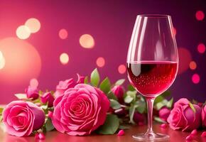 ai gerado rosas e vinho óculos em a mesa para a comemorar dia dos namorados dia foto