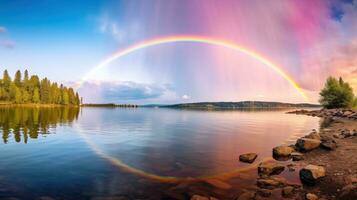 ai gerado uma pacífico panorama Prado campo com arco Iris dentro a céu foto