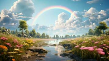 ai gerado uma pacífico panorama Prado campo com arco Iris dentro a céu foto