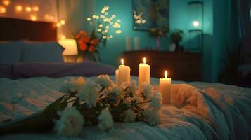 ai gerado suave vela brilho em cama com fresco branco flores foto