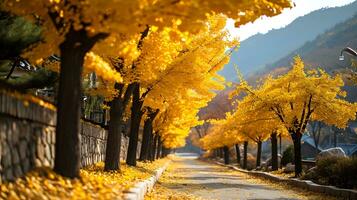 ai gerado iluminado pelo sol dourado ginkgo folhas resina a caminho foto