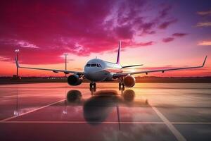 ai gerado avião aterrissagem às a aeroporto às pôr do sol com passageiros e turistas retornando a partir de período de férias foto
