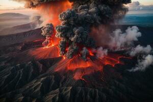 perigoso vulcão fogo e lava erupção este conduz para emergência e resgate operações foto