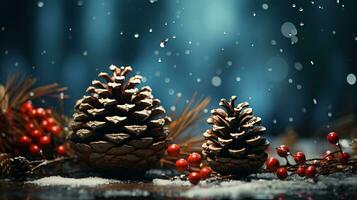 ai gerado inverno fundo com neve coberto pinho cones e viburnum bagas. foto