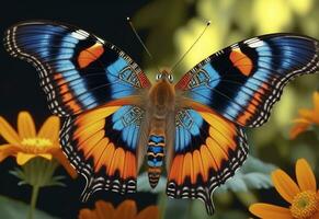 ai gerado uma borboleta é sentado em uma plantar com folhas foto