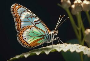 ai gerado uma borboleta é sentado em uma plantar com folhas foto