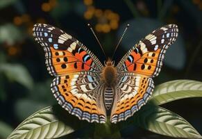 ai gerado uma borboleta é sentado em uma plantar com folhas foto