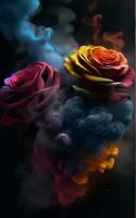 ai gerado três rosas com fumaça e cores foto