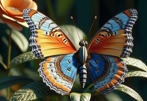 ai gerado uma borboleta é sentado em uma plantar com folhas foto