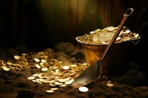ai gerado ouro moedas dentro uma balde e uma pá em uma Sombrio fundo. foto