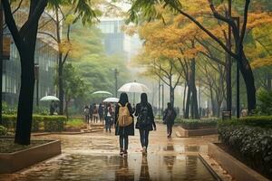 ai gerado uma aluna é caminhando em a rua e é segurando a guarda-chuva. foto