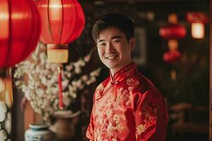 ai gerado imagem do a ásia homem vestindo vermelho às a chinês Novo ano festival. foto