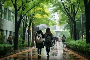 ai gerado uma aluna é caminhando em a rua e é segurando a guarda-chuva. foto