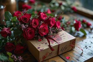 ai gerado presente caixa com rosas foto