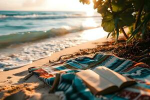 ai gerado uma livro em uma de praia com a oceano dentro a fundo foto
