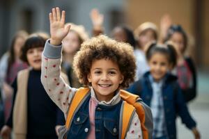 ai gerado elementar escola alunos acenando Olá foto