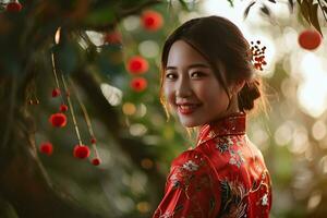 ai gerado imagem do uma jovem ásia mulher vestindo uma vermelho vestir às a chinês Novo ano festival foto