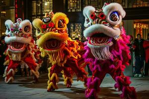 ai gerado leão dança durante chinês Novo ano celebração. executar uma tradicional leão dança foto