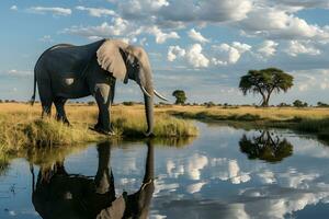 ai gerado cenário do uma ampla elefante em pé perto uma rio. foto