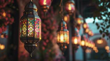 ai gerado colorida reflexões do tradicional lanternas e florais foto