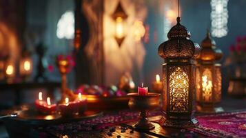 ai gerado romântico ambiente com tradicional lanternas e festivo decoração foto