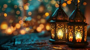 ai gerado suavemente iluminado vintage lanternas com bokeh luzes foto