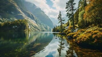 ai gerado outonos dourado abraço em uma montanha lago foto