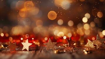 ai gerado festivo vermelho bokeh fundo com cintilante luzes dourado estrelas, perfeito para Natal e Novo anos véspera festas. conceito do uma deslumbrante feriado temporada. foto