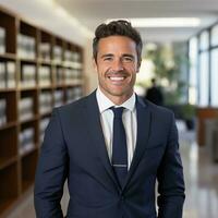 ai gerado foto do bonito feliz homem contra uma biblioteca estante de livros fundo. advogado, gerente, homem de negocios conceito. bem sucedido manin uma terno, escritório local de trabalho