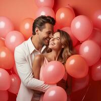 ai gerado lindo casal com Rosa balões. casal comemoro dia dos namorados dia cercado de Rosa balões, estúdio foto. romântico celebração para dia dos namorados dia foto