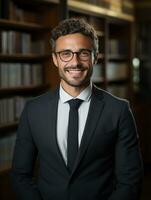 ai gerado foto do bonito feliz homem contra uma biblioteca estante de livros fundo. advogado, gerente, homem de negocios conceito. bem sucedido manin uma terno, escritório local de trabalho