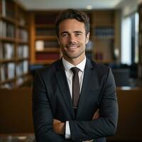 ai gerado foto do bonito feliz homem contra uma biblioteca estante de livros fundo. advogado, gerente, homem de negocios conceito. bem sucedido manin uma terno, escritório local de trabalho