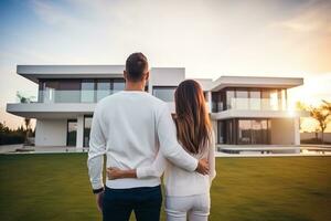 ai gerado feliz casal casa os Proprietários dentro frente do casa elas comprado. conceito do casa propriedade e felicidade foto