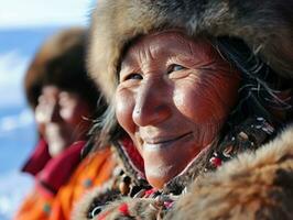 ai gerado sorridente nativo inuit indígena pessoas do Groenlândia vestido dentro colorida nativo roupas foto