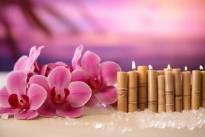 ai gerado luxuoso de luxo bem estar spa para relaxamento com lótus, bambu e orquídea flores e velas foto