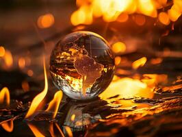 ai gerado queimando globo, uma conceito do clima mudar, global aquecimento e incêndios florestais enfurecido em terra foto