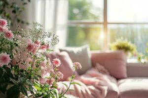 ai gerado romântico quarto com velas e luz, pastel Rosa cores foto