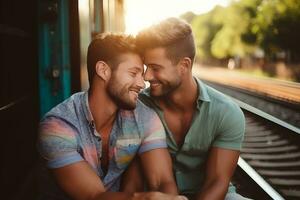 feliz gay lgbtq mesmo sexo casal mostrando amor e afeição para cada de outros foto