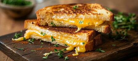 ai gerado café da manhã com fresco grelhado queijo vegetariano sanduíche com derretido queijo cheddar queijo e legumes foto