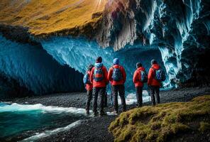 ai gerado cênico cenário do gelo cavernas durante pôr do sol foto