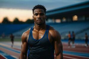 ai gerado uma poderoso Preto atleta em a corrida raça acompanhar, exibindo força, Rapidez e ginástica foto