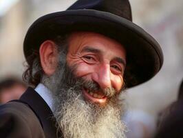 ai gerado sorridente judeus judaico ortodoxo homens vestido dentro Preto roupas e chapéus foto