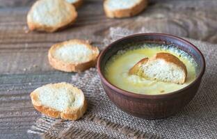 tigela do queijo mergulho com Torradas foto