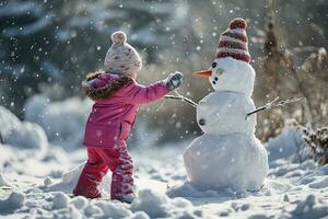 ai gerado alegre criança dentro uma Rosa Jaqueta e colorida chapéu constrói boneco de neve em Nevado dia, adornando isto com uma cenoura nariz e galho braços, debaixo uma □ Gentil queda de neve. foto