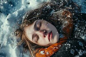 ai gerado jovem menina com fechadas olhos mentiras dentro a neve, dela face pacífico. flocos de neve decorar dela cabelo e inverno casaco. dela bochechas estão rosado a partir de a frio. foto