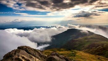 ai gerado uma Visão do nuvens e montanhas a partir de uma montanha topo foto