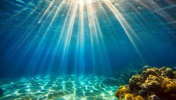 ai gerado embaixo da agua Sol raios brilhando através a água foto